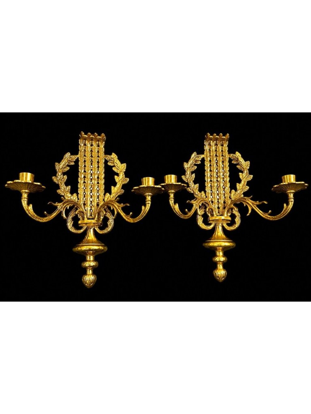 Antique French Revival Brass Wall Sconces Pair 2 Arm Louis XVI Gilt Candle Holde